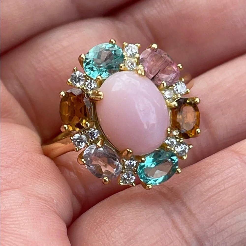 18k Gold Plated over 925 Sterling Silver Pink Opal & Tourmaline Ring Size 7.5
